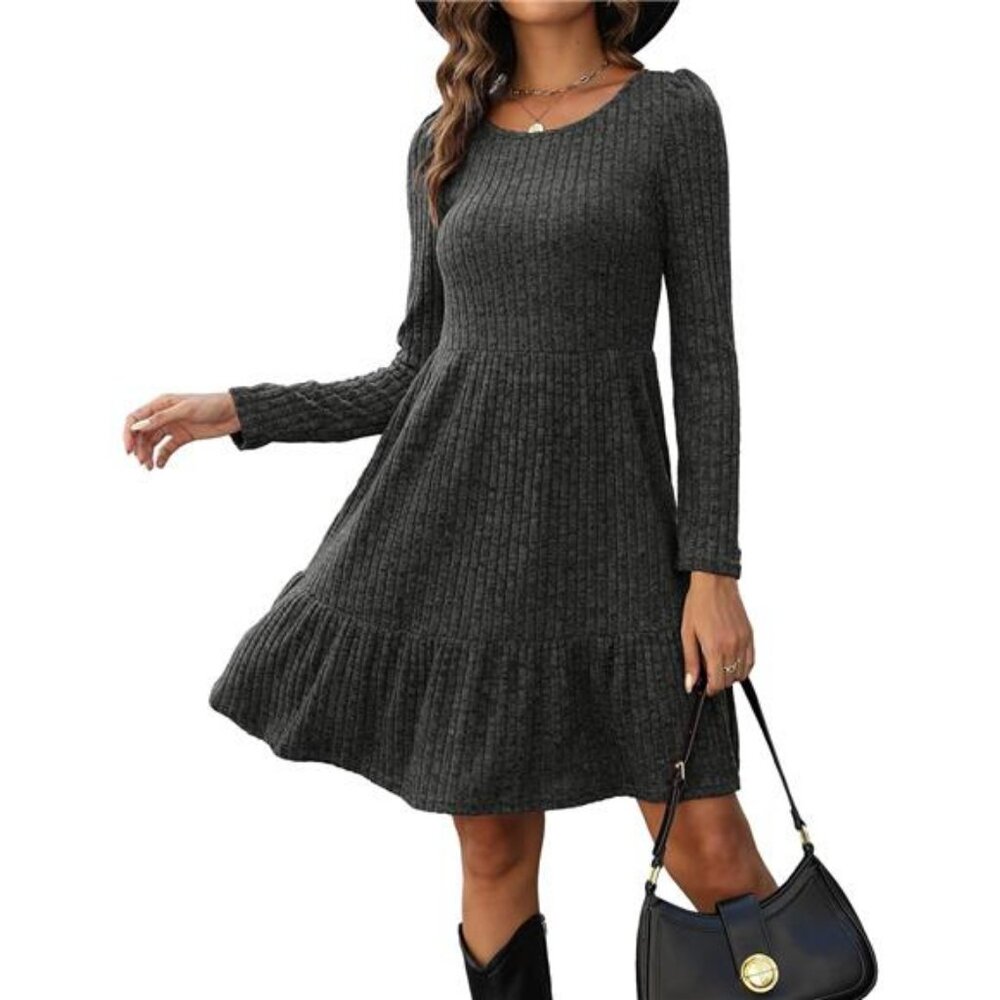 Womens Winter Crewneck Long Sleeve Dresses Knee Length Knit Sweater Dress